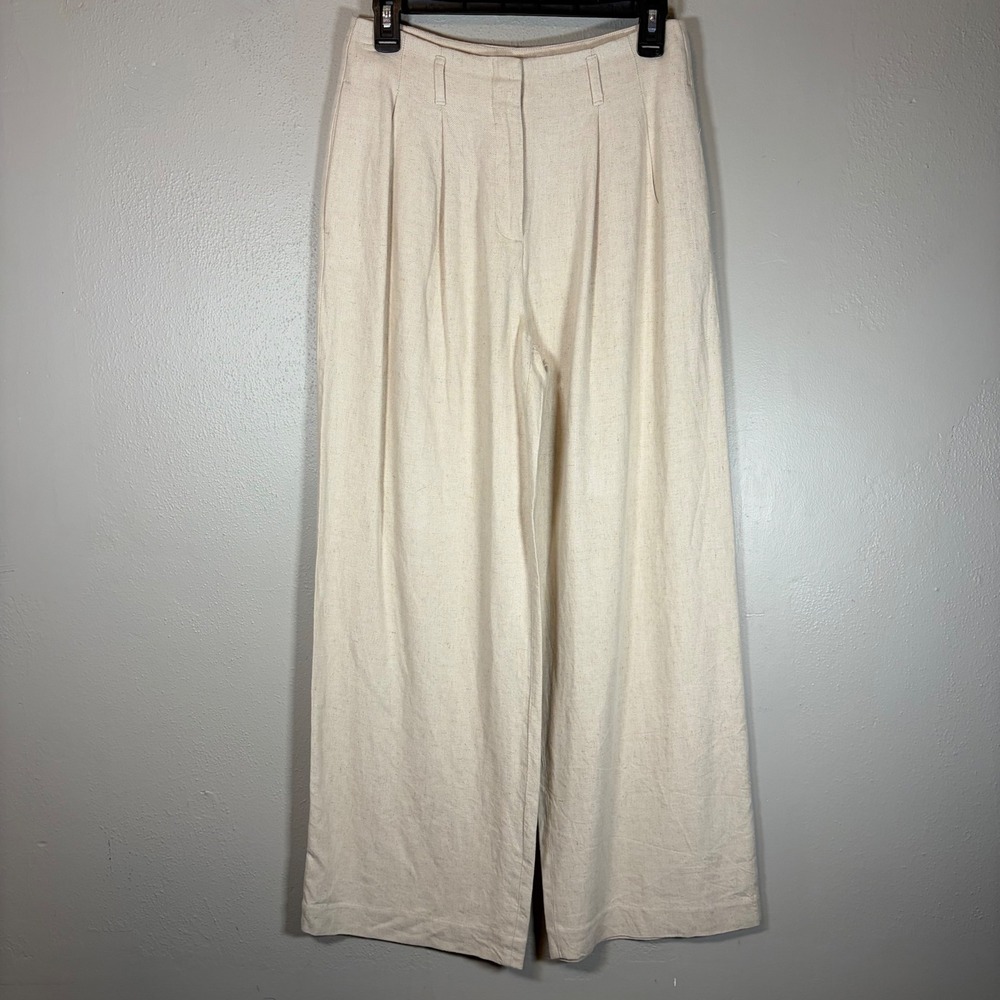 HM Womens Beige Linen Blend High Waisted Pleated Wide Leg Trousers Pants Size 4